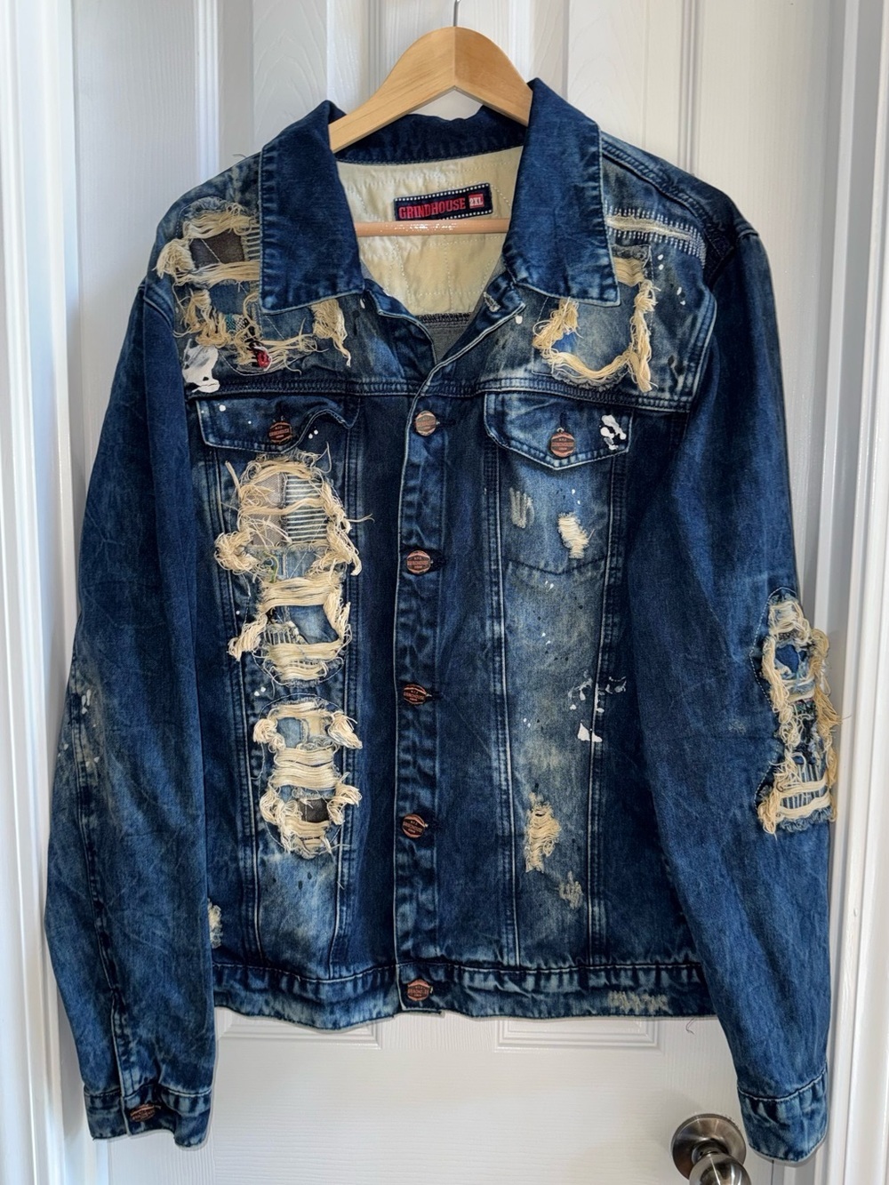 Grindhouse Denim Distressed Jean Jacket 2X Cotton Western Rugged Streetwear Blue